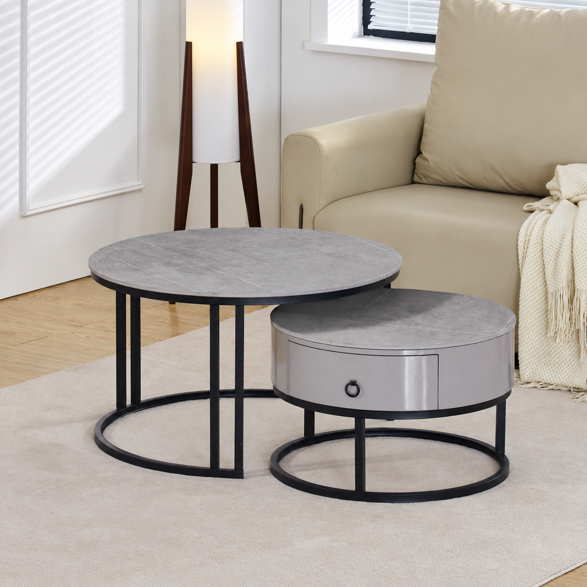 2-Piece Armani Grey Stone Nesting Coffee Table Set with Drawer