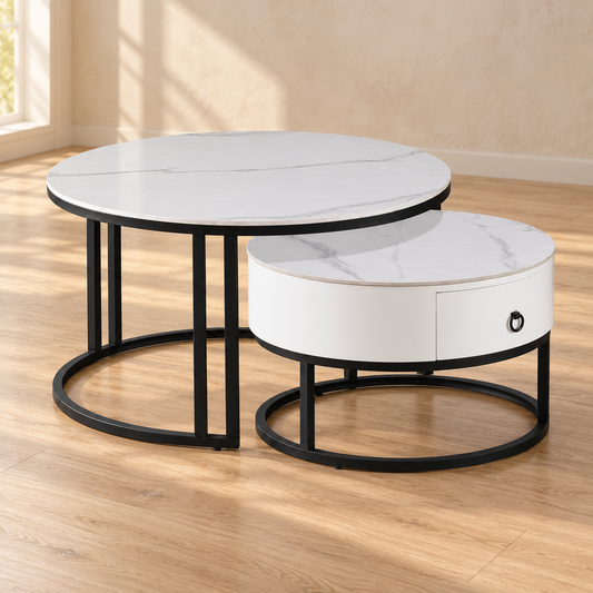 2-Piece Calacatta White Stone Nesting Coffee Table Set with Storage Drawer — table-only lifestyle view