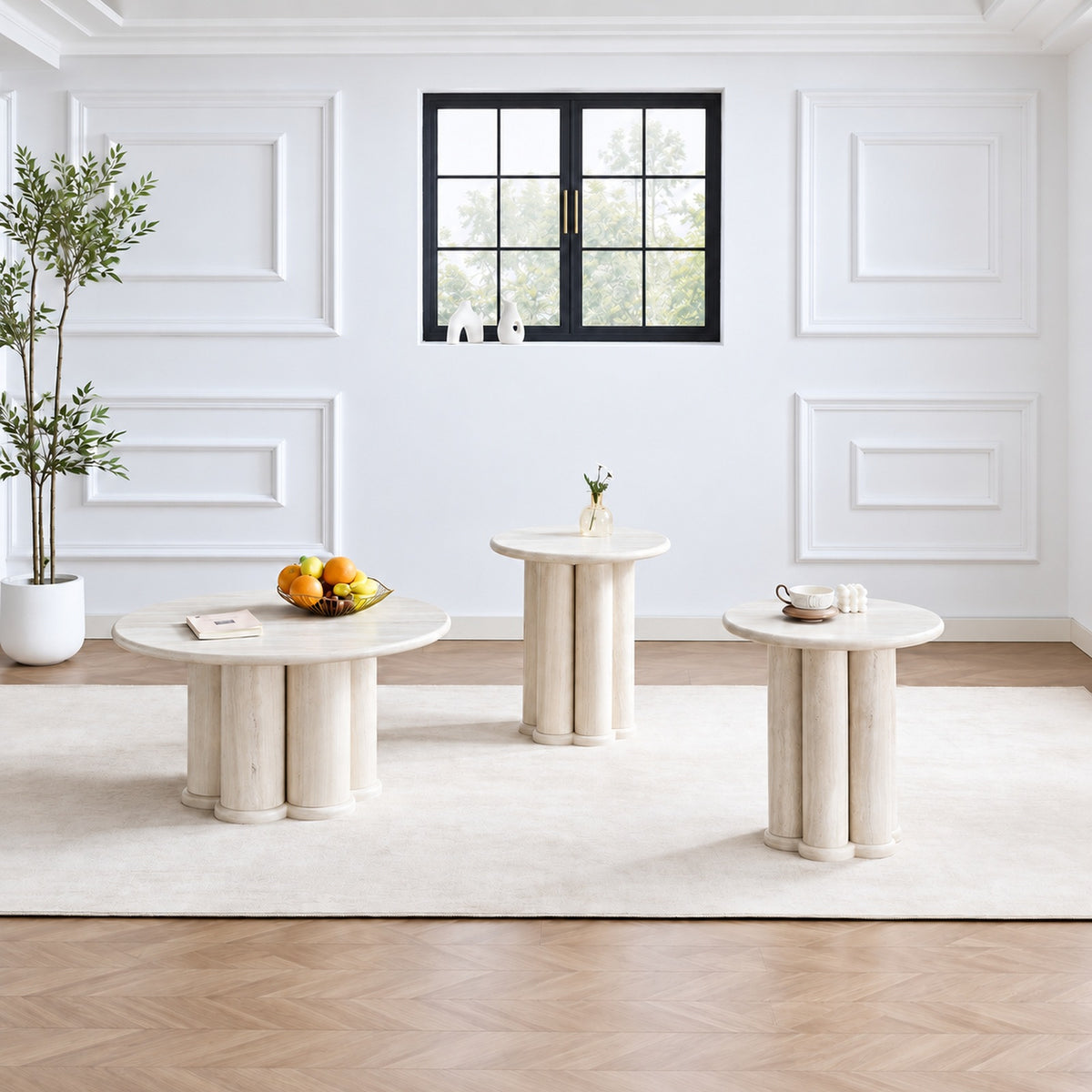 Light travertine look 3-Piece Coffee & End Table Set in a clean minimal lifestyle setting