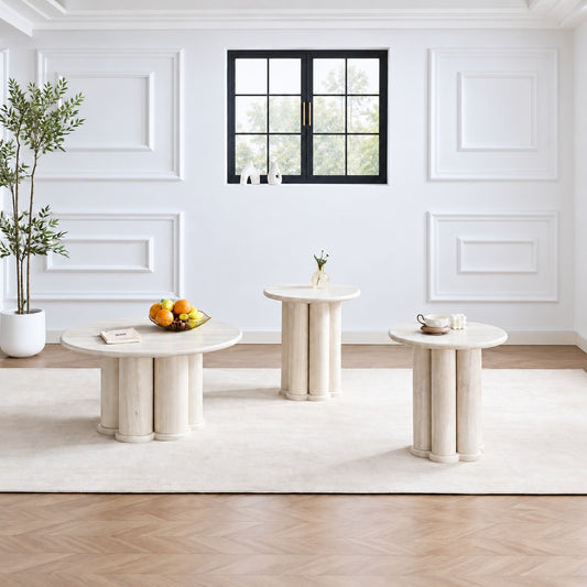 Light travertine look 3-Piece Coffee & End Table Set in a clean minimal lifestyle setting