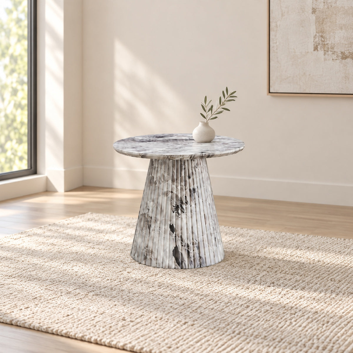 Grey marble look End Table in a minimal living room