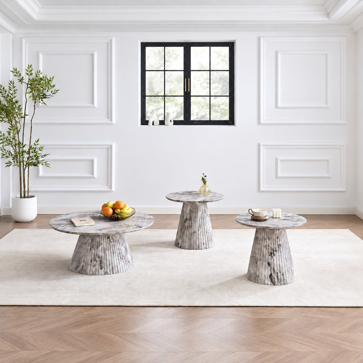 Grey marble look 3-Piece Coffee & End Table Set in a clean minimal lifestyle setting