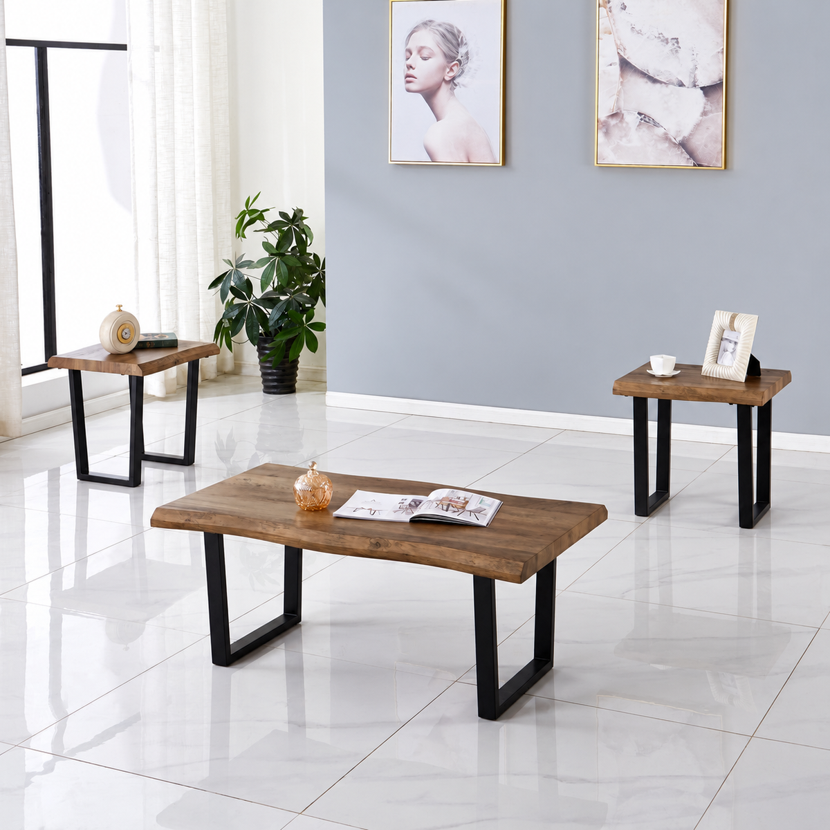 Faux Live-Edge 3-Piece Coffee & End Table Set with Black Metal U-Shaped Legs