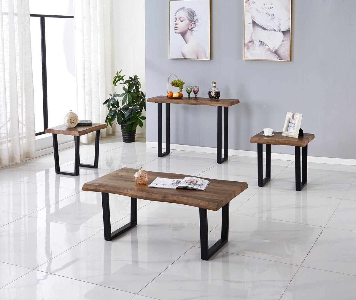 Faux Live-Edge 3-Piece Coffee & End Table Set with Black Metal U-Shaped Legs