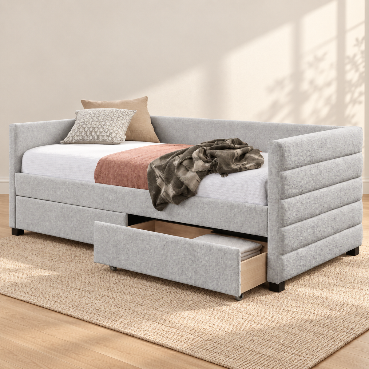 Light Grey Upholstered Daybed with Storage Drawers