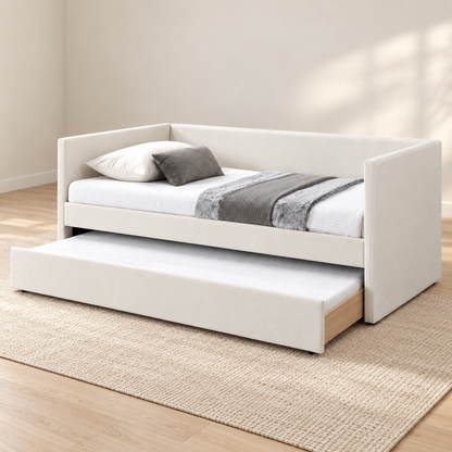 Warm Ivory Upholstered Daybed with Pull-Out Trundle