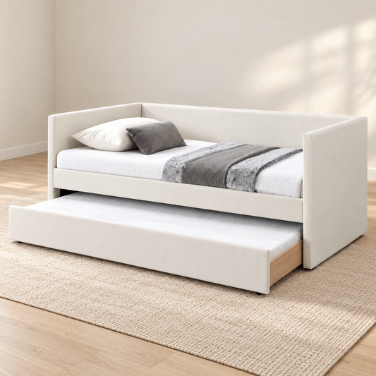 Warm Ivory Upholstered Daybed with Pull-Out Trundle