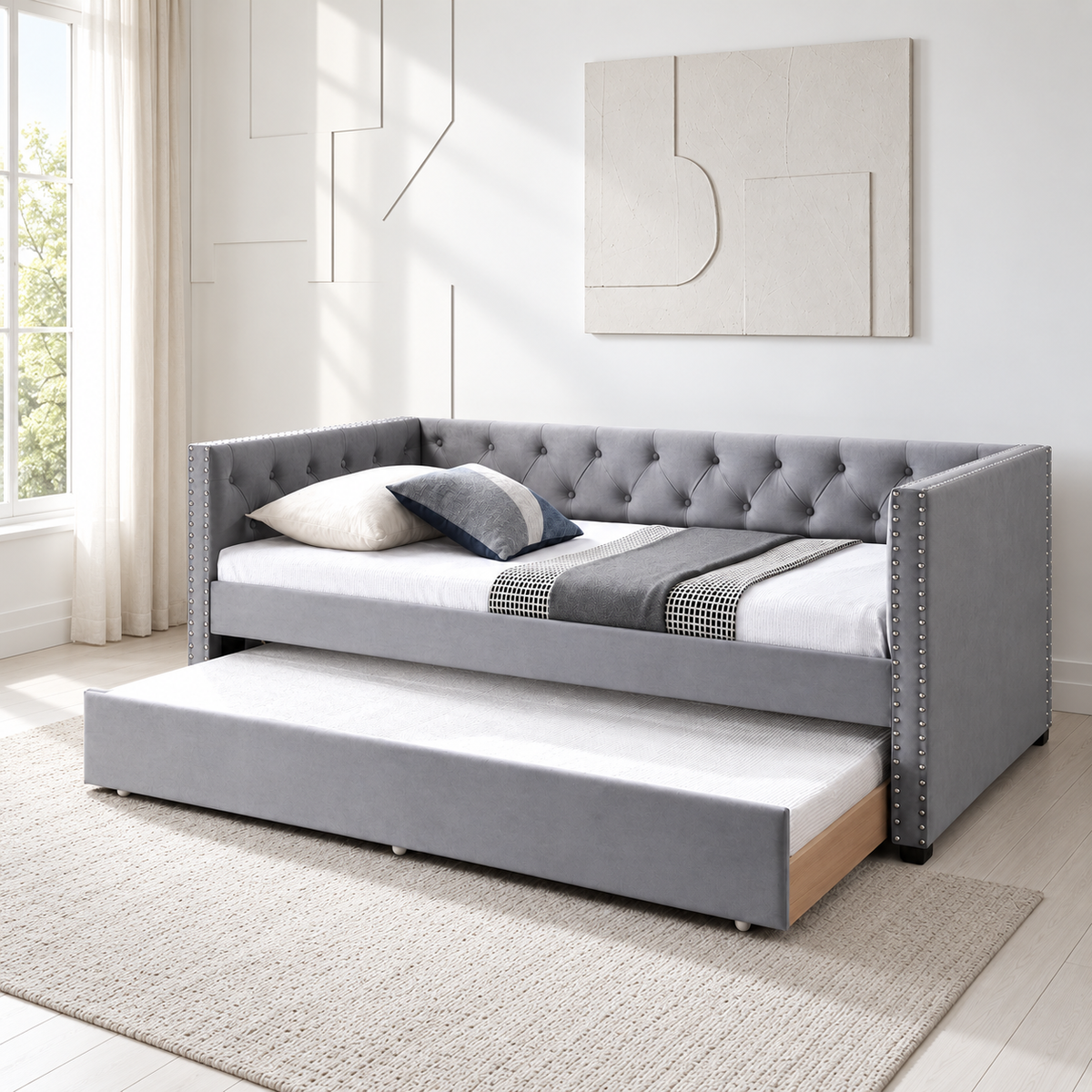 Silver Grey Velvet Tufted Daybed with Trundle — full lifestyle view, bed only
