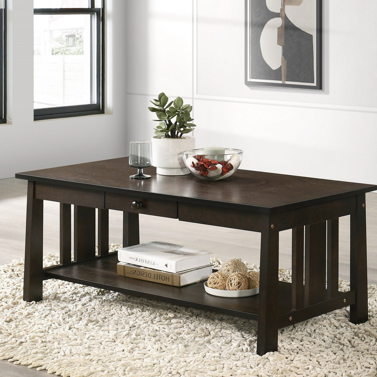 Espresso Slatted Coffee Table with Pull-Out Drawer & Storage Shelf