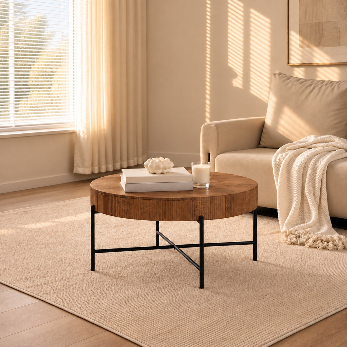 Walnut Round Coffee Table with Hidden Storage Drawer in a clean minimal lifestyle setting