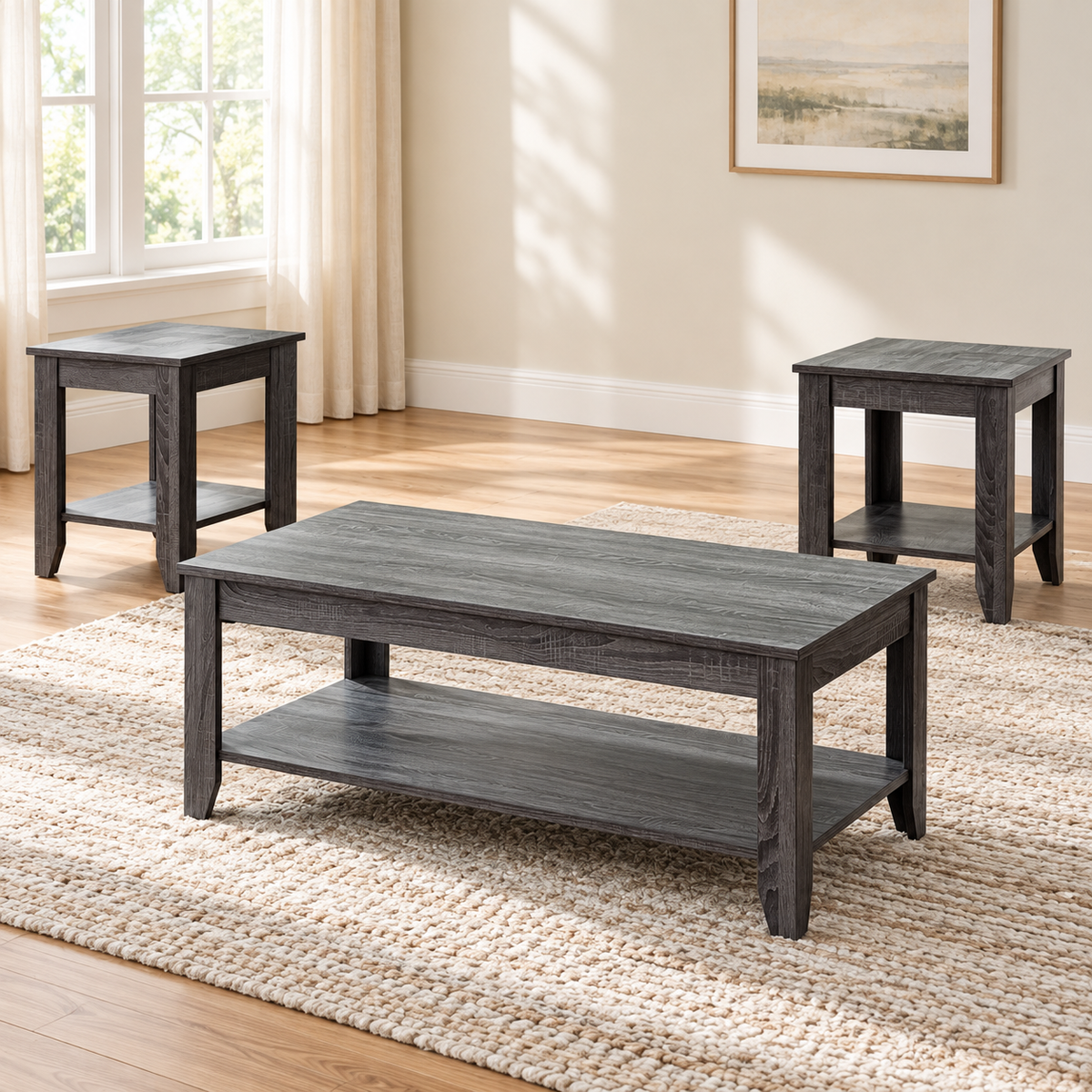 Reclaimed Wood-Look 3-Piece Coffee & End Table Set