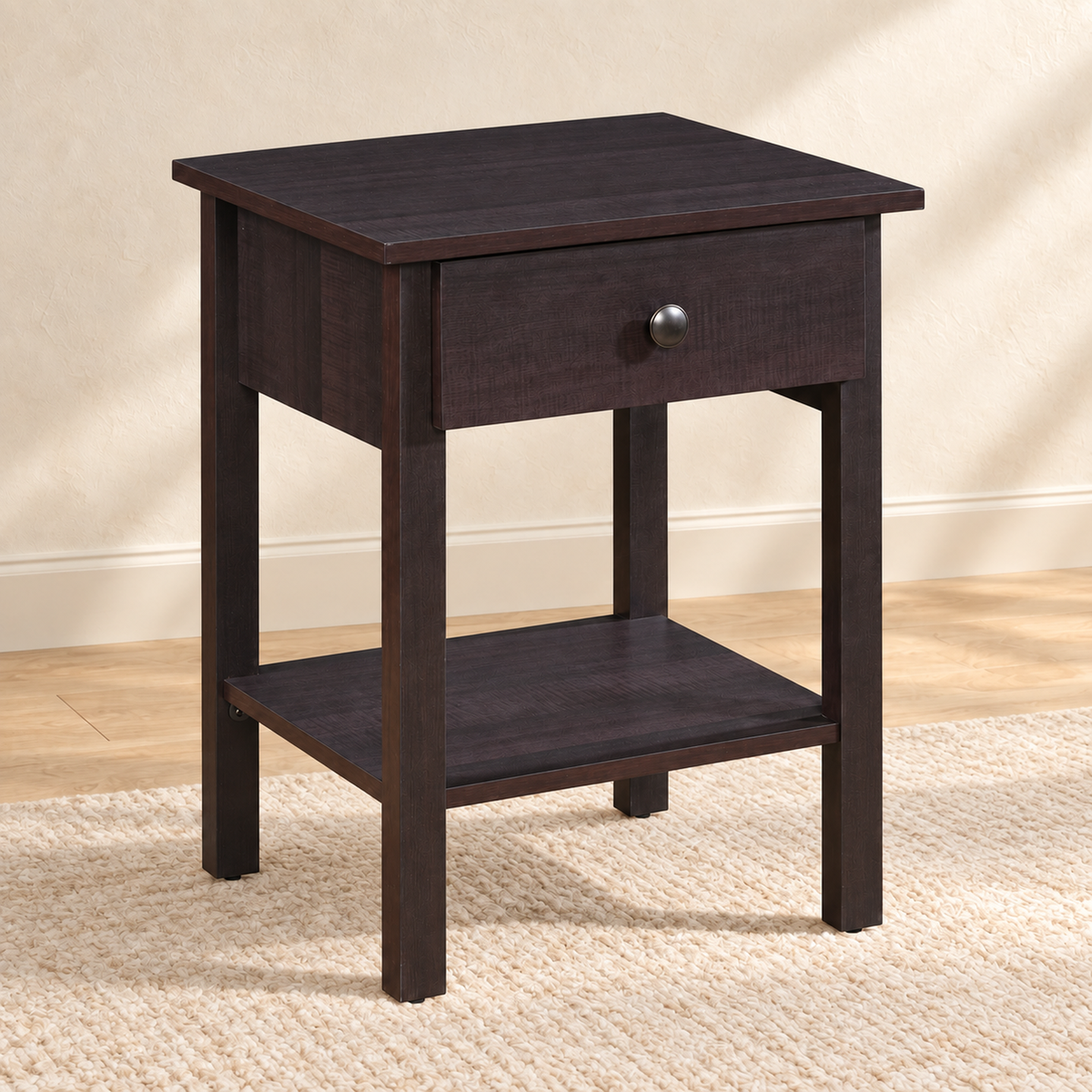 Starter 1-Drawer Nightstand with Bottom Shelf – Black or Brown