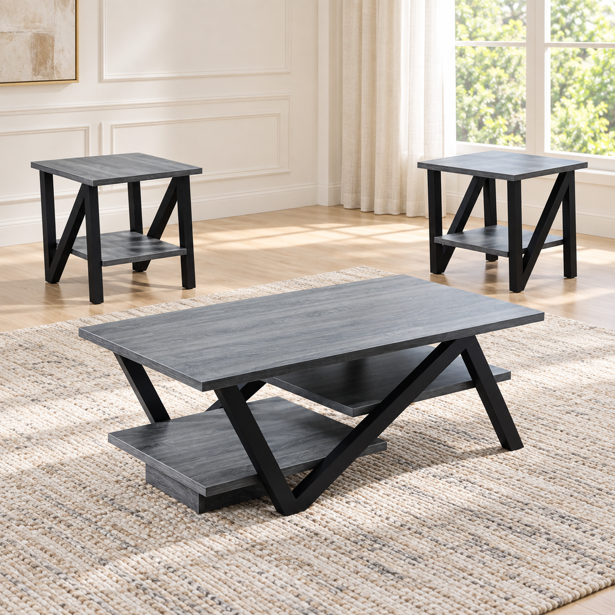 Modern 3-Piece Wood Coffee & End Table Set with Black Legs