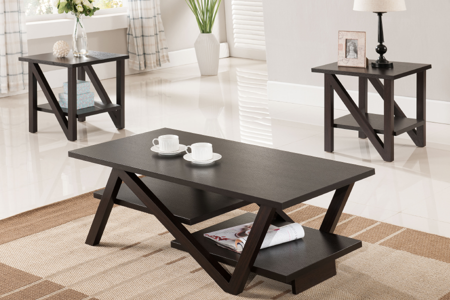 Modern 3-Piece Wood Coffee & End Table Set with Black Legs
