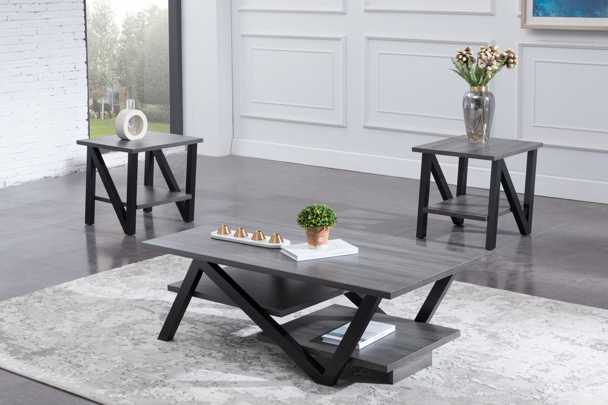 Modern 3-Piece Wood Coffee & End Table Set with Black Legs