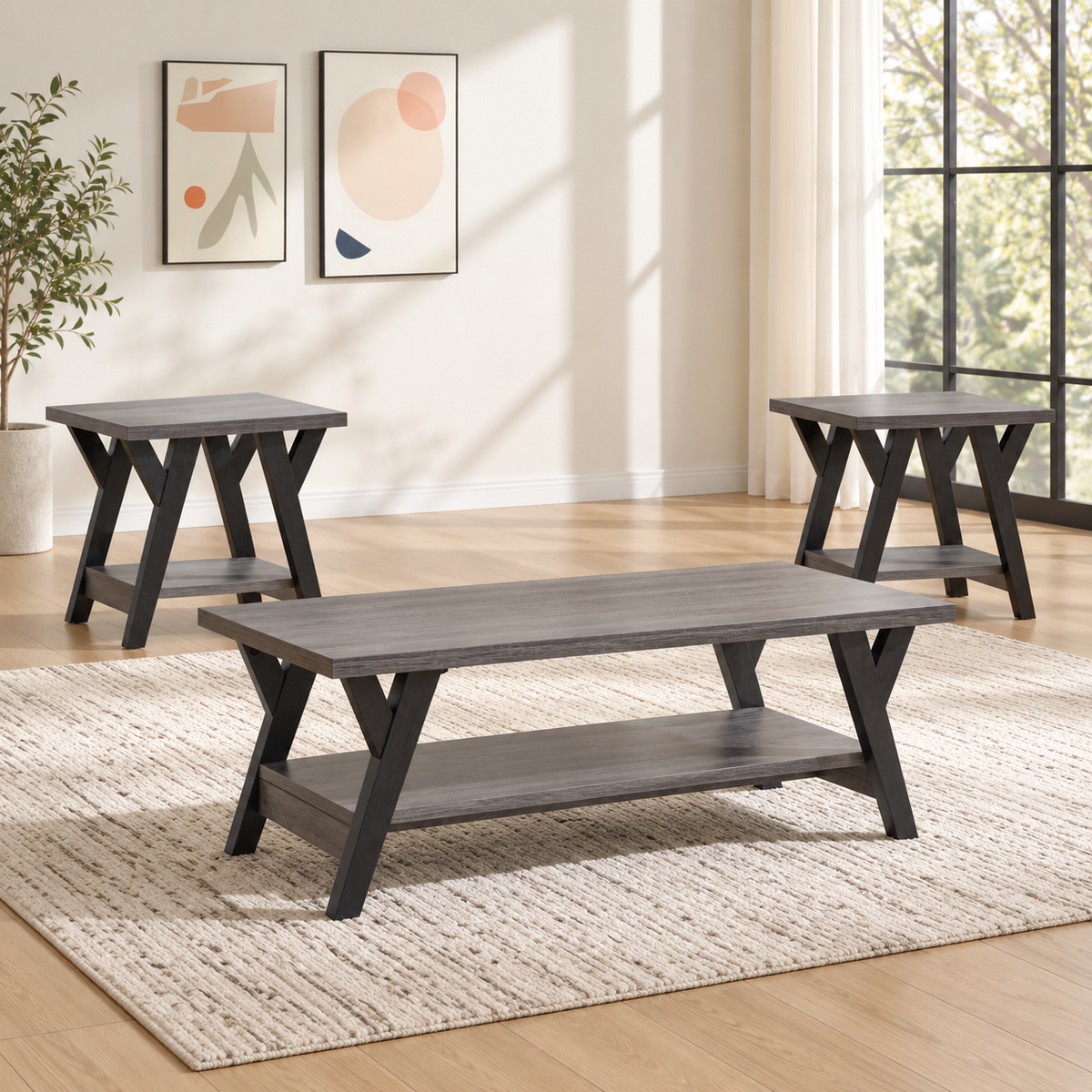 Modern 3-Piece Wood Coffee & End Table Set with Shelves & Black Legs