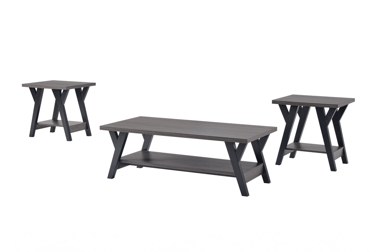 Modern 3-Piece Wood Coffee & End Table Set with Shelves & Black Legs