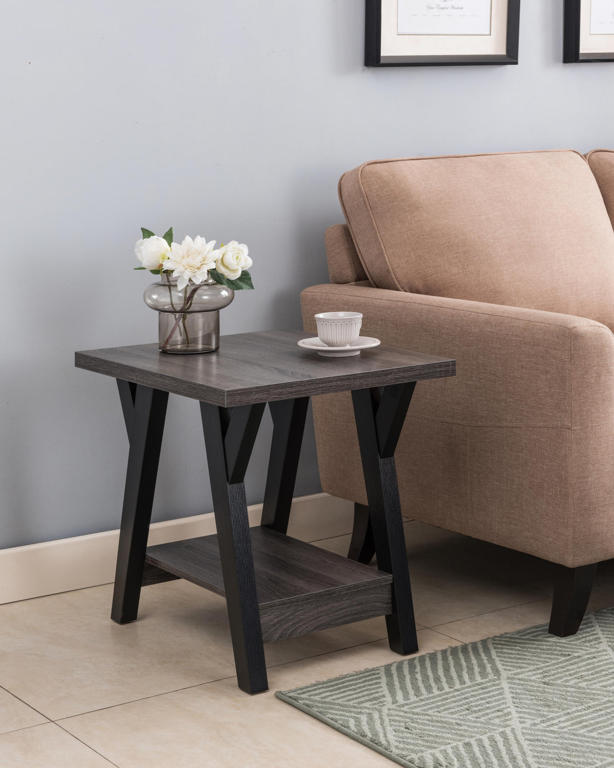 Modern 3-Piece Wood Coffee & End Table Set with Shelves & Black Legs