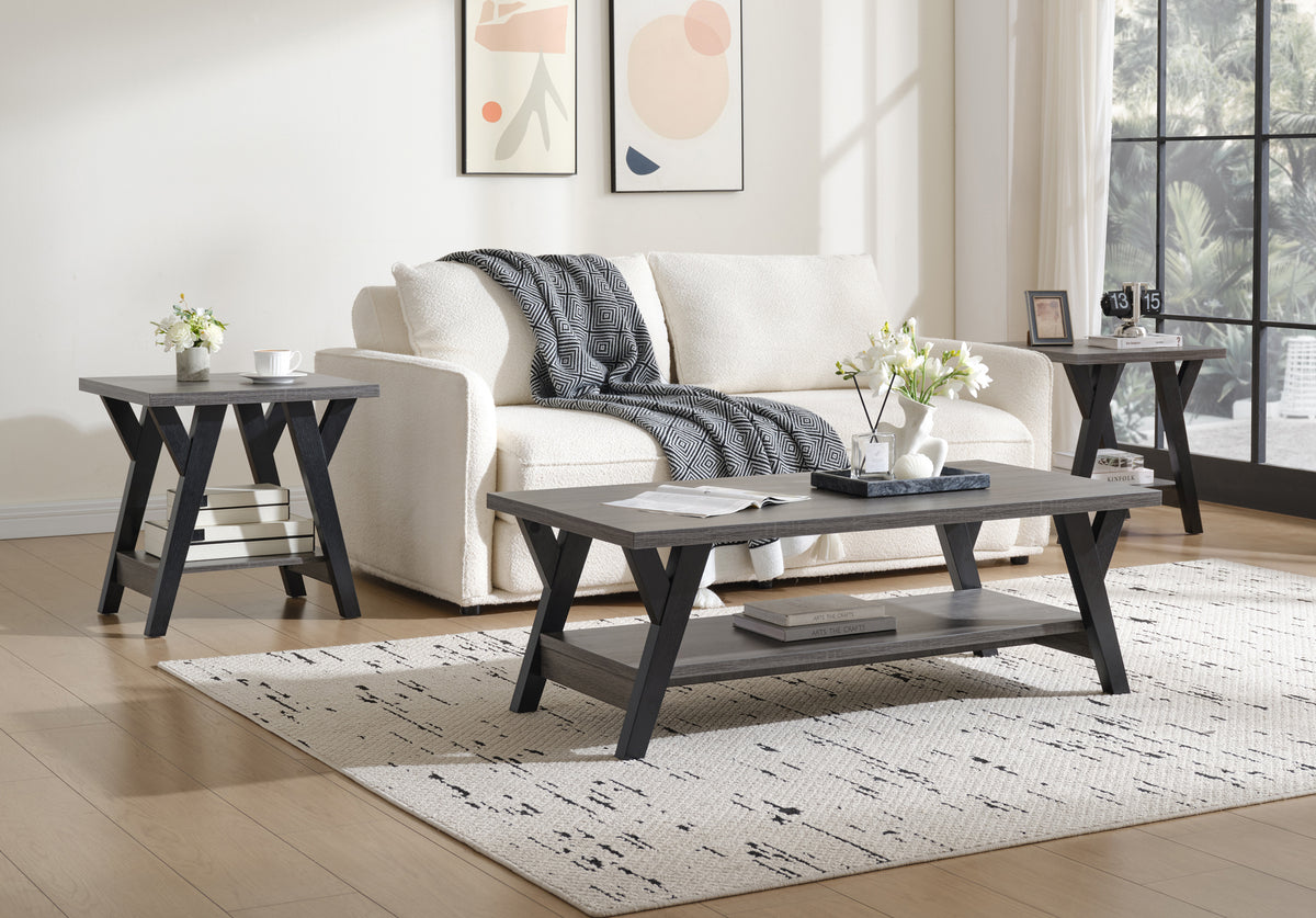 Modern 3-Piece Wood Coffee & End Table Set with Shelves & Black Legs
