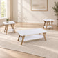 3-Piece White & Natural Coffee and End Table Set with Shelves in a minimal living room