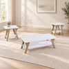 3-Piece White & Natural Coffee and End Table Set with Shelves in a minimal living room
