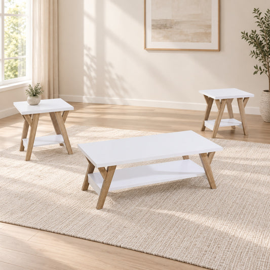 3-Piece White & Natural Coffee and End Table Set with Shelves in a minimal living room