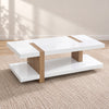 Modern White Coffee Table with Natural Wood Inserts in a clean minimal lifestyle setting