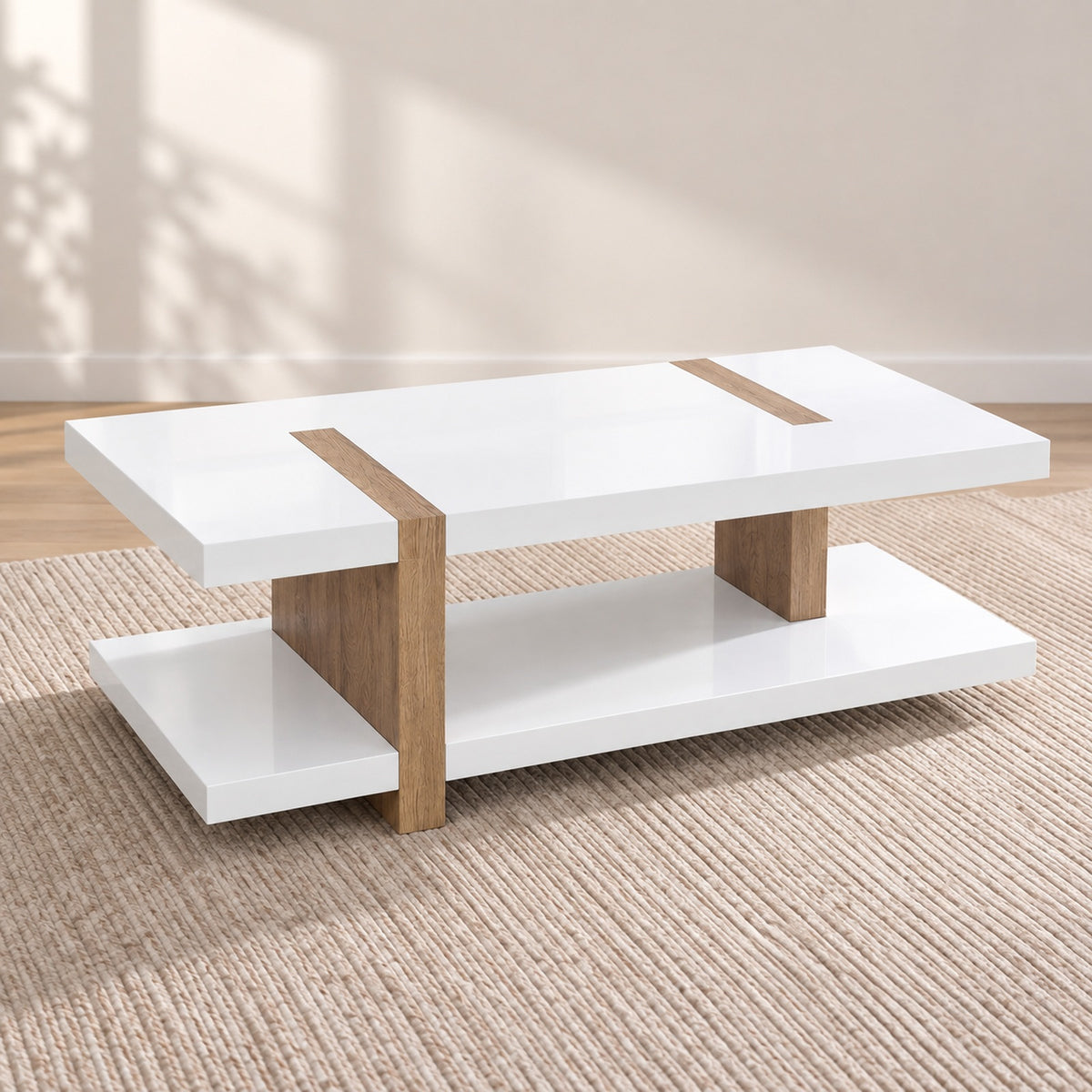 Modern White Coffee Table with Natural Wood Inserts in a clean minimal lifestyle setting