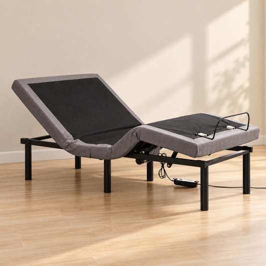 Deluxe electric adjustable bed base — raised head and foot lifestyle view, base only
