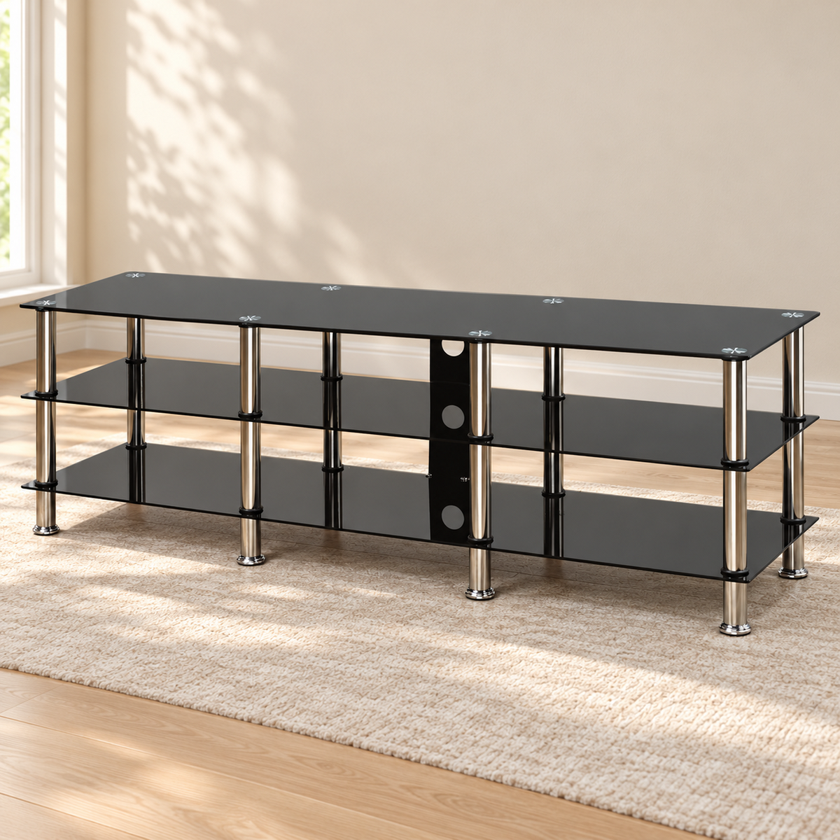 Black tempered glass and chrome 51-inch TV stand in a warm living room, with no TV