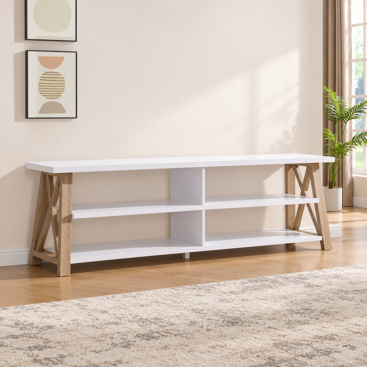 White and natural 71-inch TV stand in a warm living room, with no TV