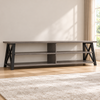 Black and distressed grey 71-inch TV stand in a warm living room, with no TV