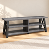 Black and distressed grey 91-inch TV stand in a warm living room, with no TV