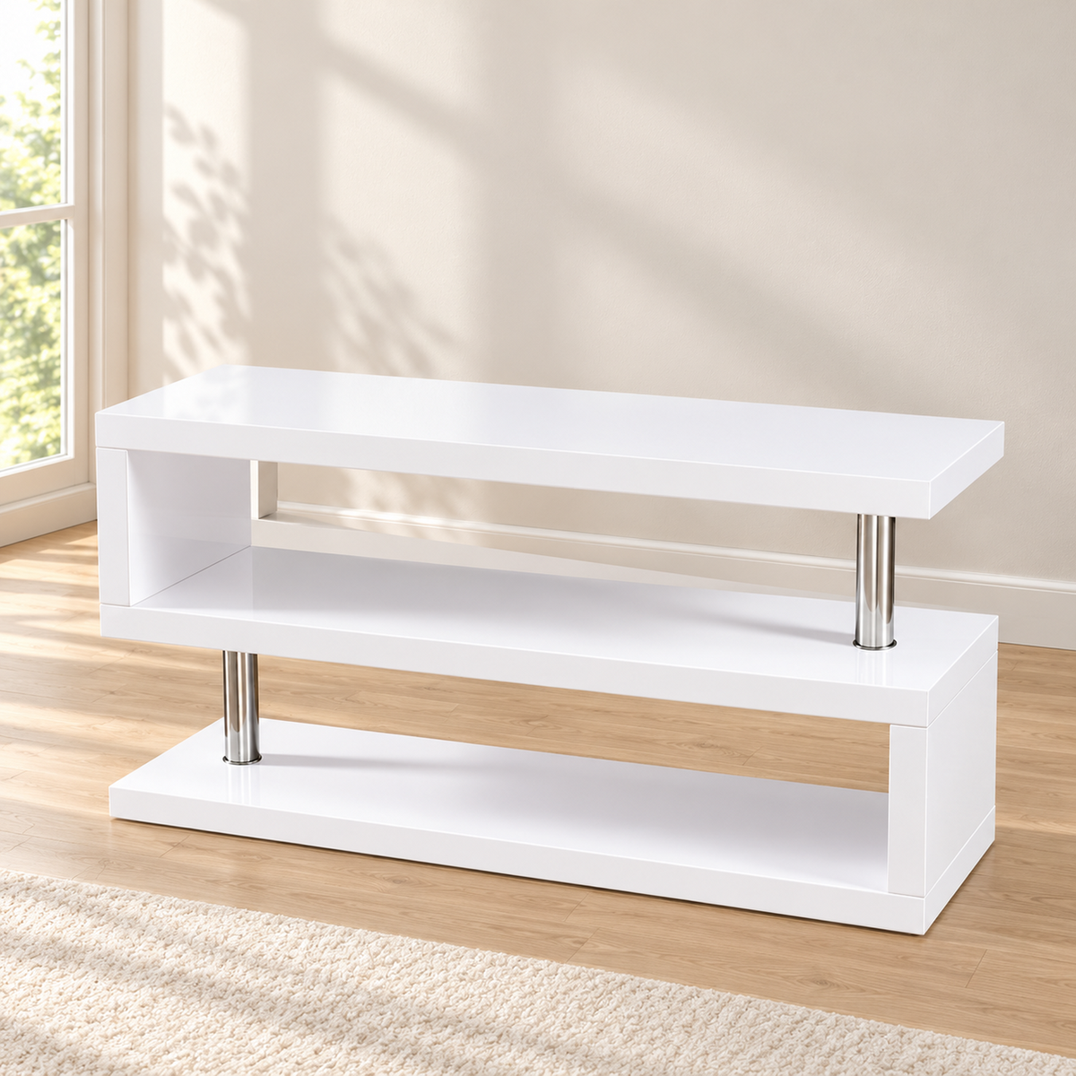 High-gloss white and chrome 48-inch TV stand in a warm living room, with no TV