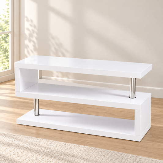 High-gloss white and chrome 48-inch TV stand in a warm living room, with no TV