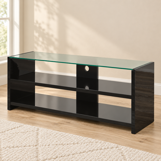 High-gloss black 48-inch TV stand with clear glass top in a warm living room, with no TV