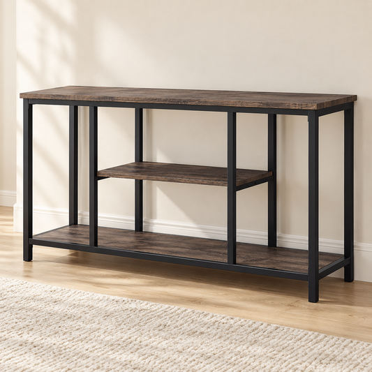 Distressed wood and black metal 48-inch TV stand in a warm living room, with no TV