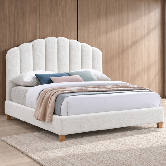Maya White Upholstered Platform Bed with Scalloped Headboard — lifestyle view, bed only