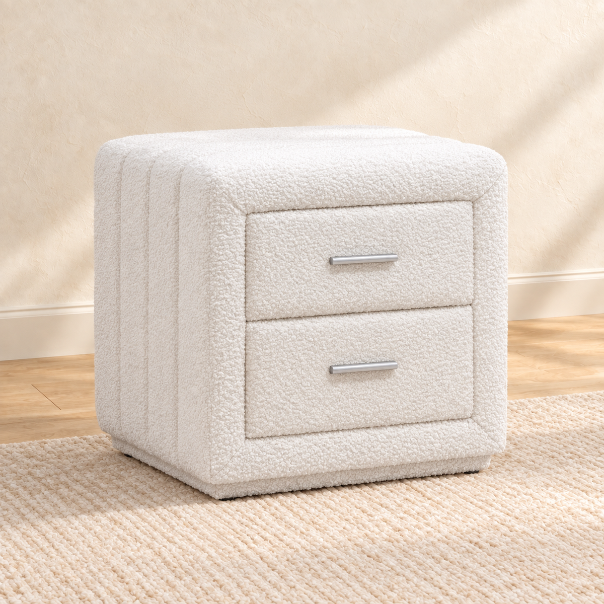Soft White Teddy Bear Fabric 2-Drawer Nightstand