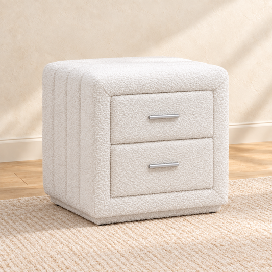Soft White Teddy Bear Fabric 2-Drawer Nightstand