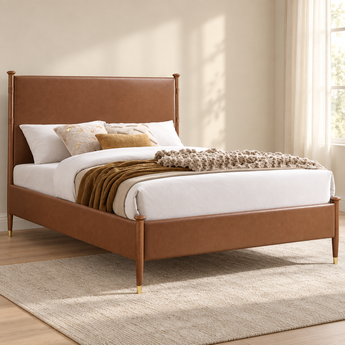Cognac Faux Leather Upholstered Platform Bed Frame — lifestyle view, bed only