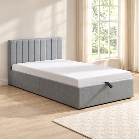 Grey Fabric Hydraulic Storage Bed Frame — lifestyle view, bed only