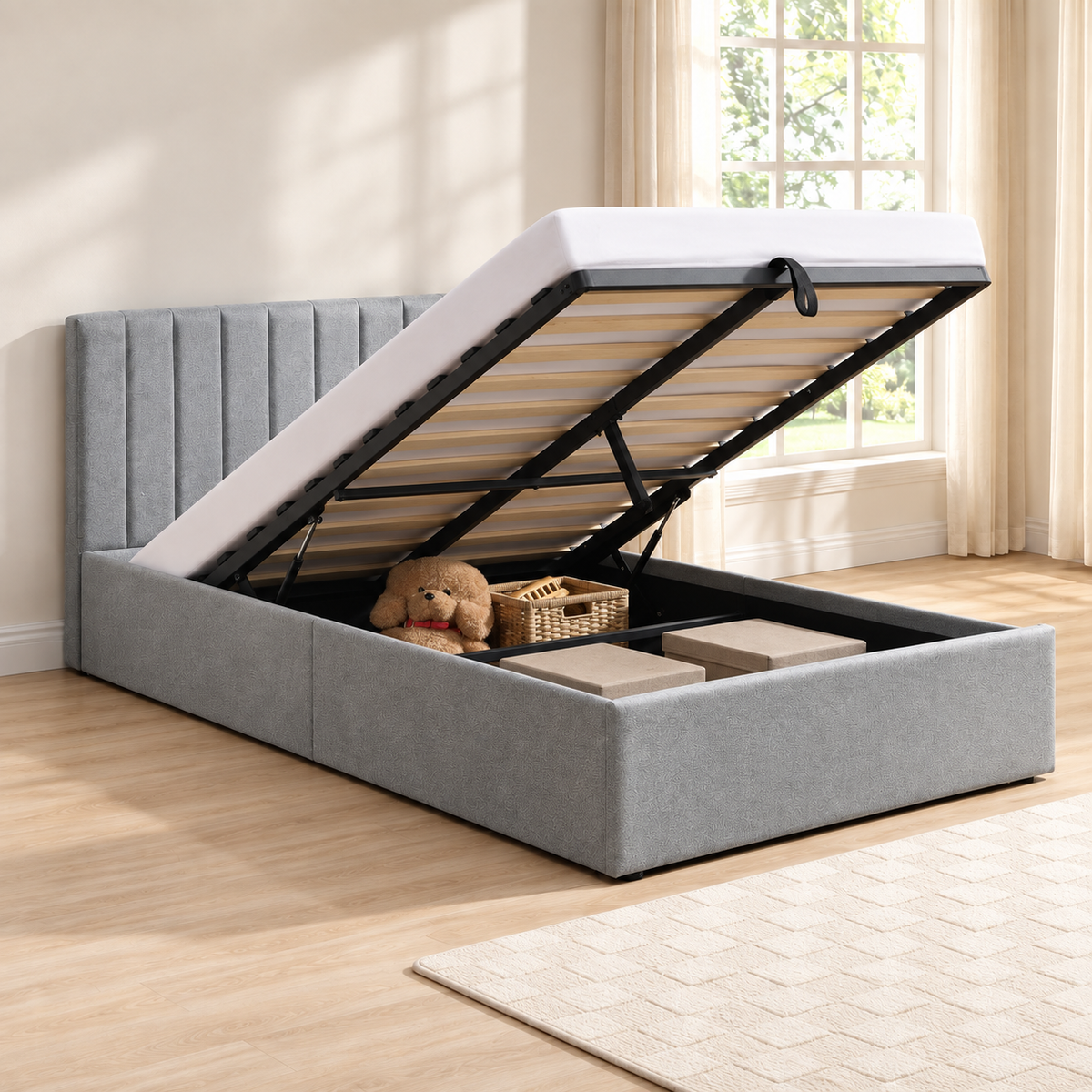 Grey Fabric Hydraulic Storage Bed Frame — lift-up storage open