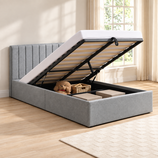 Grey Fabric Hydraulic Storage Bed Frame — lift-up storage open