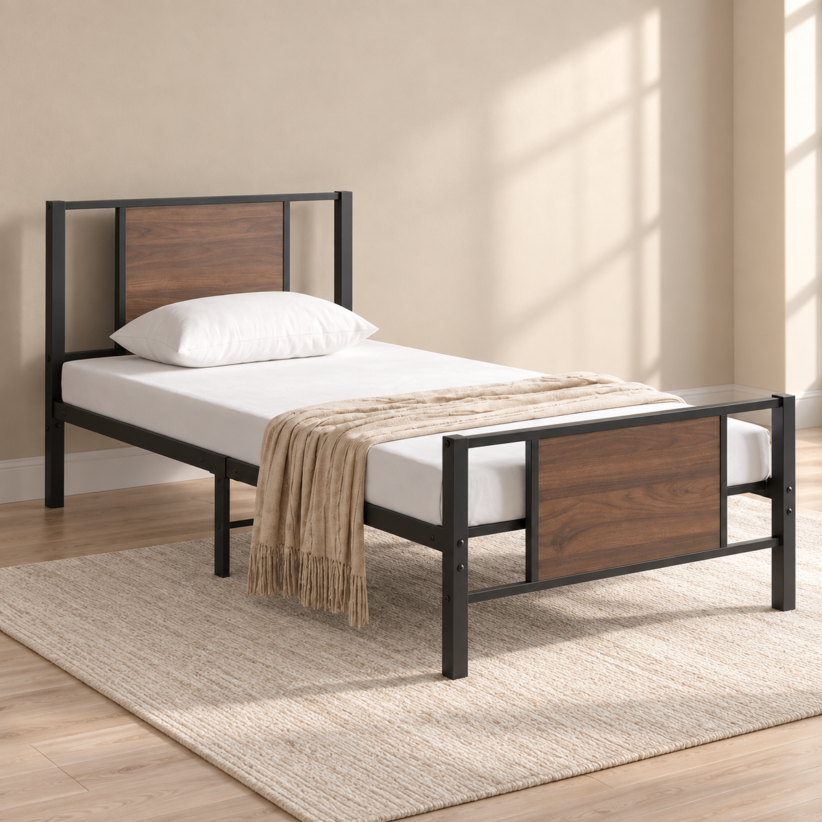 Modern Industrial Wood & Black Steel Platform Bed Frame — lifestyle view, bed only