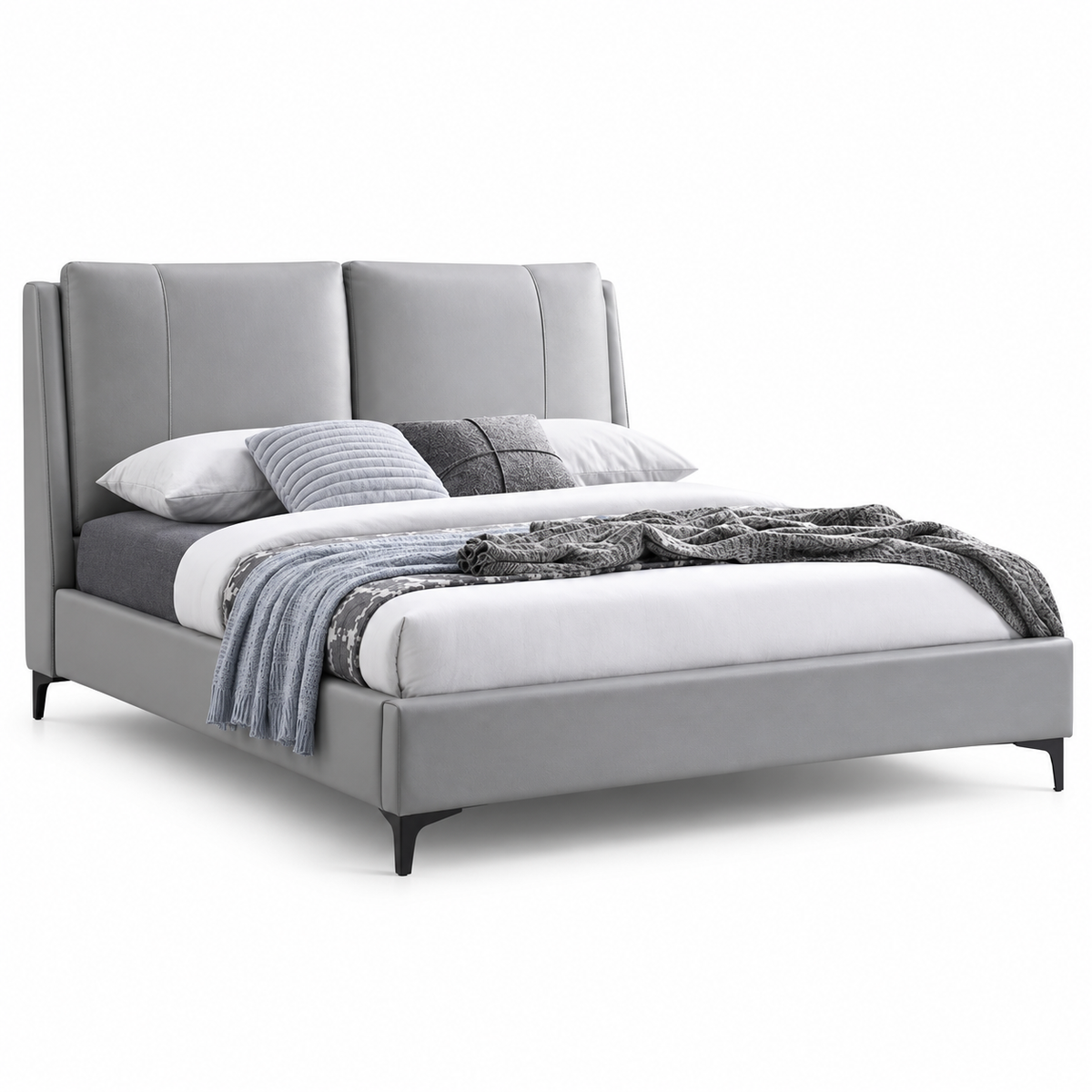 Amelia Collection Grey PU Upholstered Platform Bed with Padded Pillow Headboard — clean product view