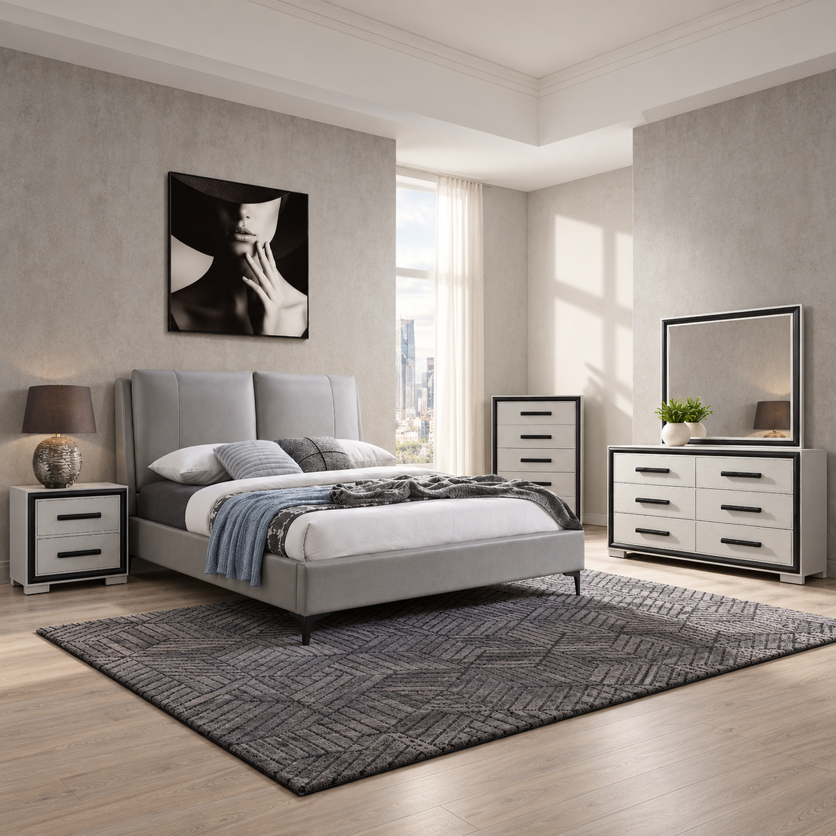 Grey PU Upholstered Platform Bedroom Set with Amelia Case Goods