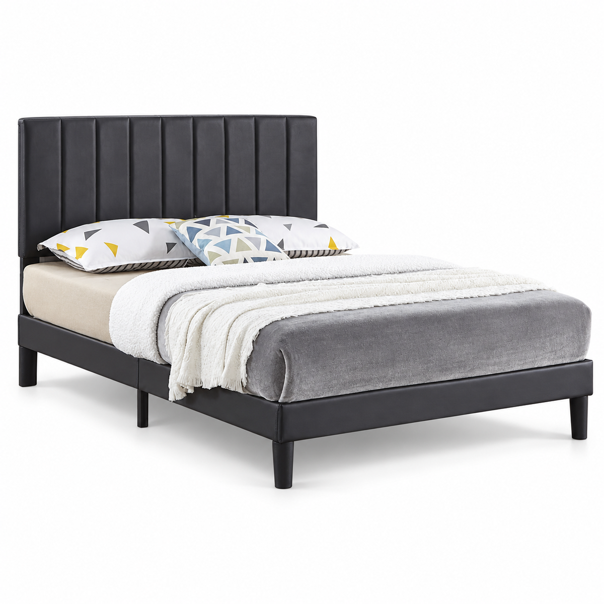 Black, White or Grey Vertical-Tufted Upholstered Platform Bed Frame — clean product view