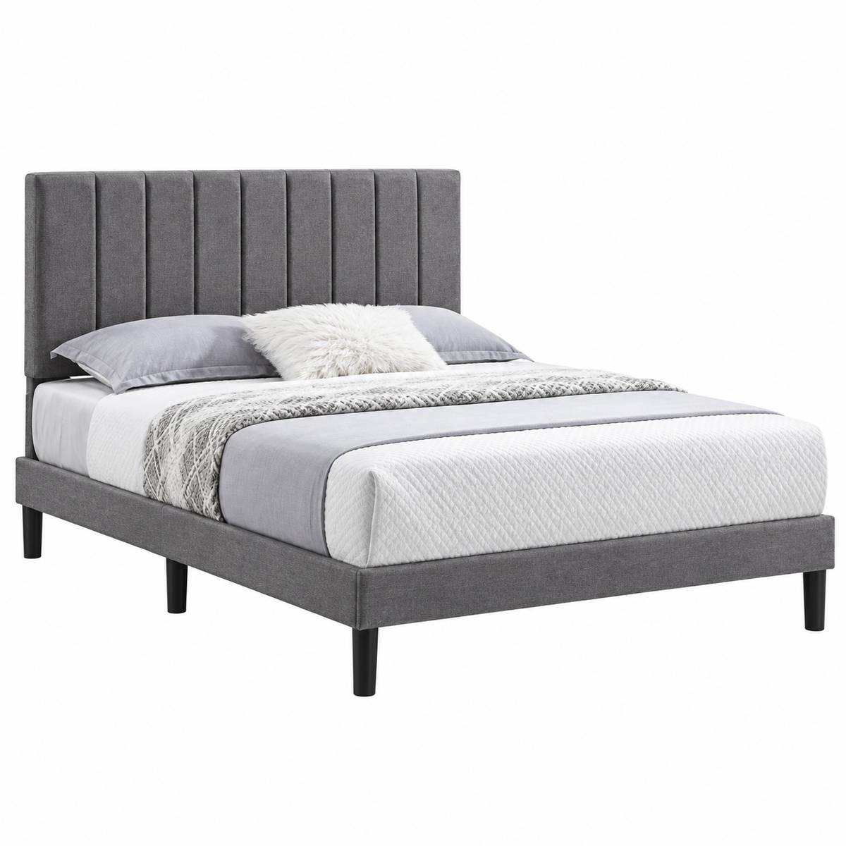 Black, White or Grey Vertical-Tufted Upholstered Platform Bed Frame — grey finish clean product view