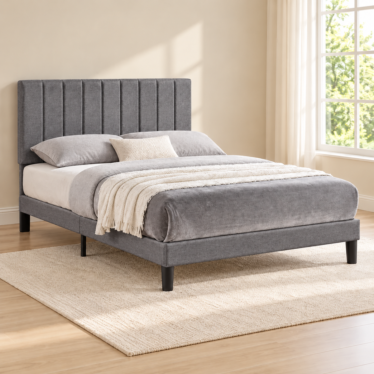 Vertical-tufted platform bed — Grey Fabric lifestyle view, bed only